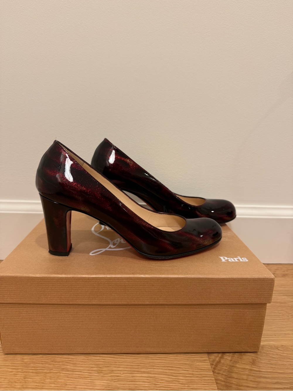 Christian Louboutin Oxblood Glitter Patent Round Toe Heels Red Sole 36.5